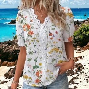 Short Sleeve Tops Comfortable Floral Outfit Women's Wear Orange