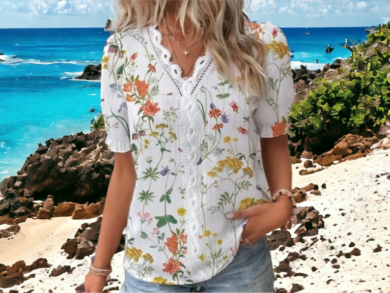 Short Sleeve Tops Comfortable Floral Outfit Women's Wear Orange