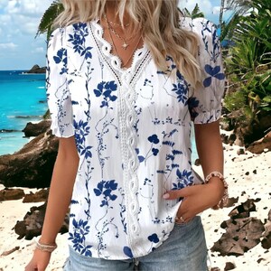 Short Sleeve Tops Comfortable Floral Outfit Women's Wear Blue