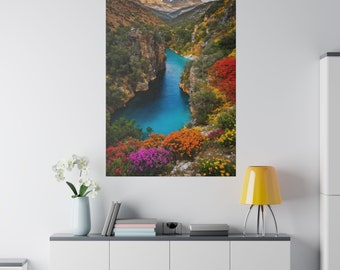 Alpine Tranquility: Stretched Matte Canvas Capturing the Majesty of the Mountain, Flowers and Lake"