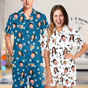 Custom Cat Dog Faces Sleeve Pajama Set for Men Women, Personalized Photo on Pet Lovers PJs, Birthday Anniversary Gift for Girlfriend Mom Dad