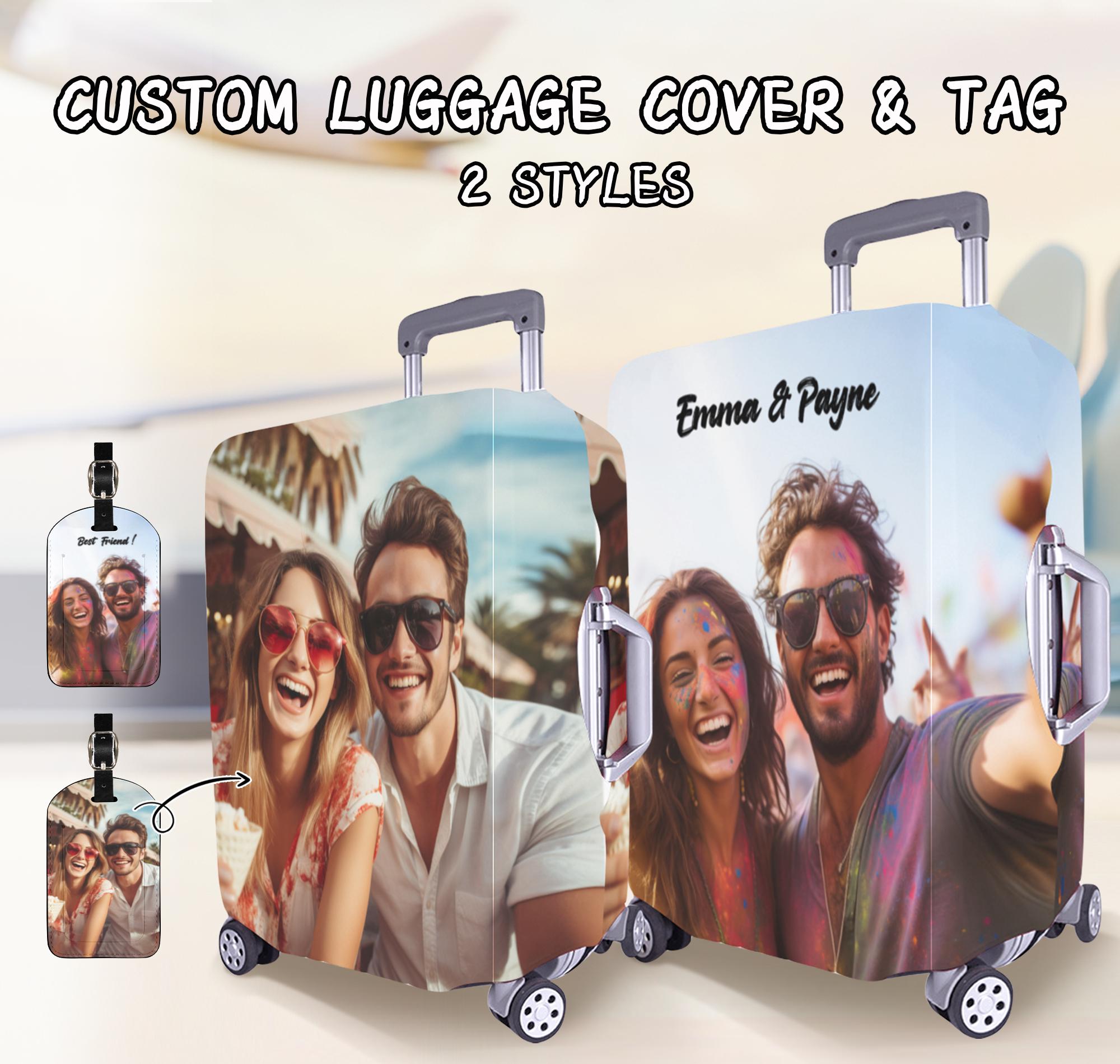 Custom Photo Luggage Cover and Tags, Personalized Picture Luggage Cover, Travel Luggage Cover with Photo Name, Pet Photo Logo Suitcase Cover