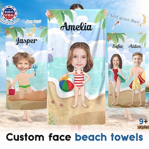 Toalla de baño personalizada con cara de dibujos animados para niños, toalla de fiesta de verano personalizada con cara y nombre, regalo de cumpleaños para niños, regalo de viaje para estudiantes