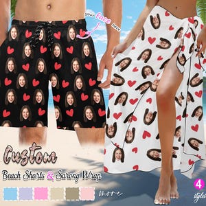 Aangepaste strand sarong wrap met gezicht, aangepaste zwembroek, gepersonaliseerde foto zwemshort, badmode voor koppels, mannen vrouwen vrijgezellenfeest geschenken