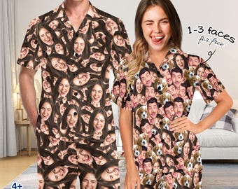 Custom Multi-faces Pajama Set, Personalized Pajamas with Face, Custom Photo Pajama Pants Short Sleeve Pajama, Birthday Gift, Christmas Gifts