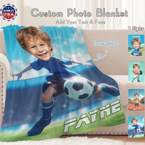 Custom Kids Face Blanket, Personalized Kids Sports Blanket, Custom Blanket For Boys, Baseball Player Blanket with Face, Gift for Grandson
