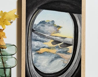 Plane Window Print, Watercolor Print, Cloud Sunset