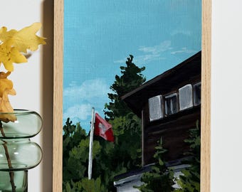 Switzerland Postcard, Swiss Flag, Swiss Cabin, Fine Art Print, Original Acrylic