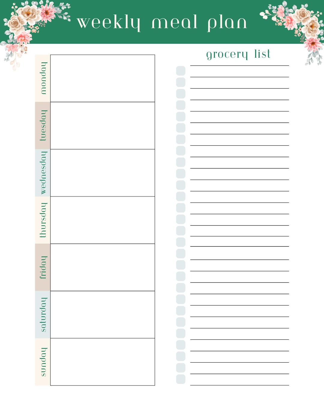 Pink Floral Simple Meal Planner Template - Etsy
