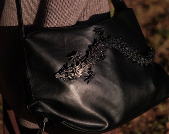 Soft Vegan Leather Crossbody Bag 3D Printed Dragon |  Black 3D Printed Dragon on Smooth Vegan Leather Sling Bag with Zipper