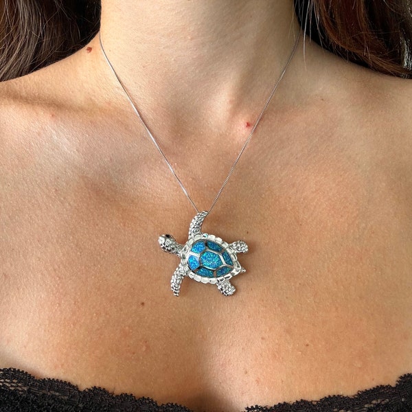 Hawaiian Turtle Honu Blue Opal Necklace 925 Sterling Silver Rhodium Plated Large w chain Cute Gift for Wife Mom Girlfriend ocean sea sister