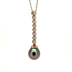 Genuine Natural Tahitian Pearl Necklace Black Pearl Pendant with 14K Rose Gold Diamond Necklace Birthday Gift for Her Diamond Pendant