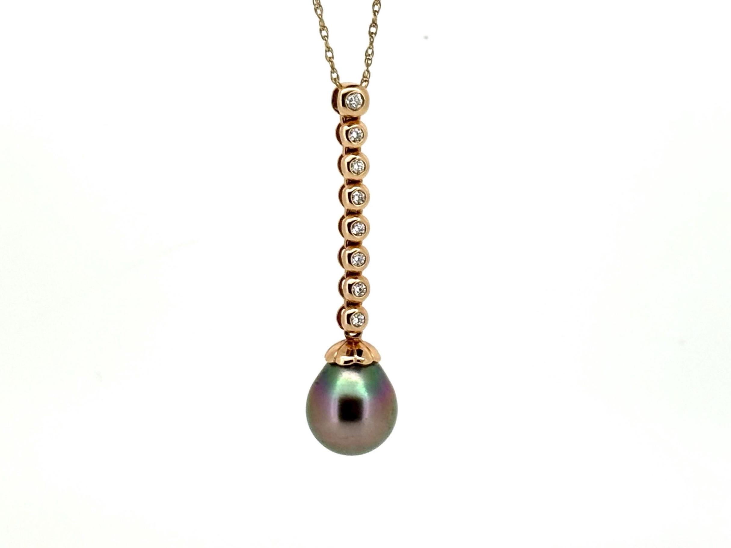 Genuine Natural Tahitian Pearl Necklace Black Pearl Pendant with 14K Rose Gold Diamond Necklace Birthday Gift for Her Diamond Pendant