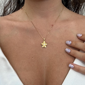 Colar de flor de plumeria havaiana, prata esterlina 925, banhado a ouro 14K, com corrente, presente para ela - presente de aniversário para mãe e namorada
