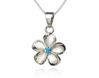 Hawaiian Blue Topaz Plumeria Flower Necklace, Sterling Silver Waterproof Pendant