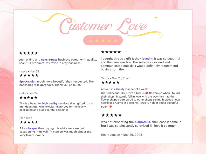 May include: A white graphic display titled Customer Love in pink script, featuring five yellow stars and six customer reviews. Each review includes a five-star rating, the customer name, and a date. The background has a soft pink watercolor effect.