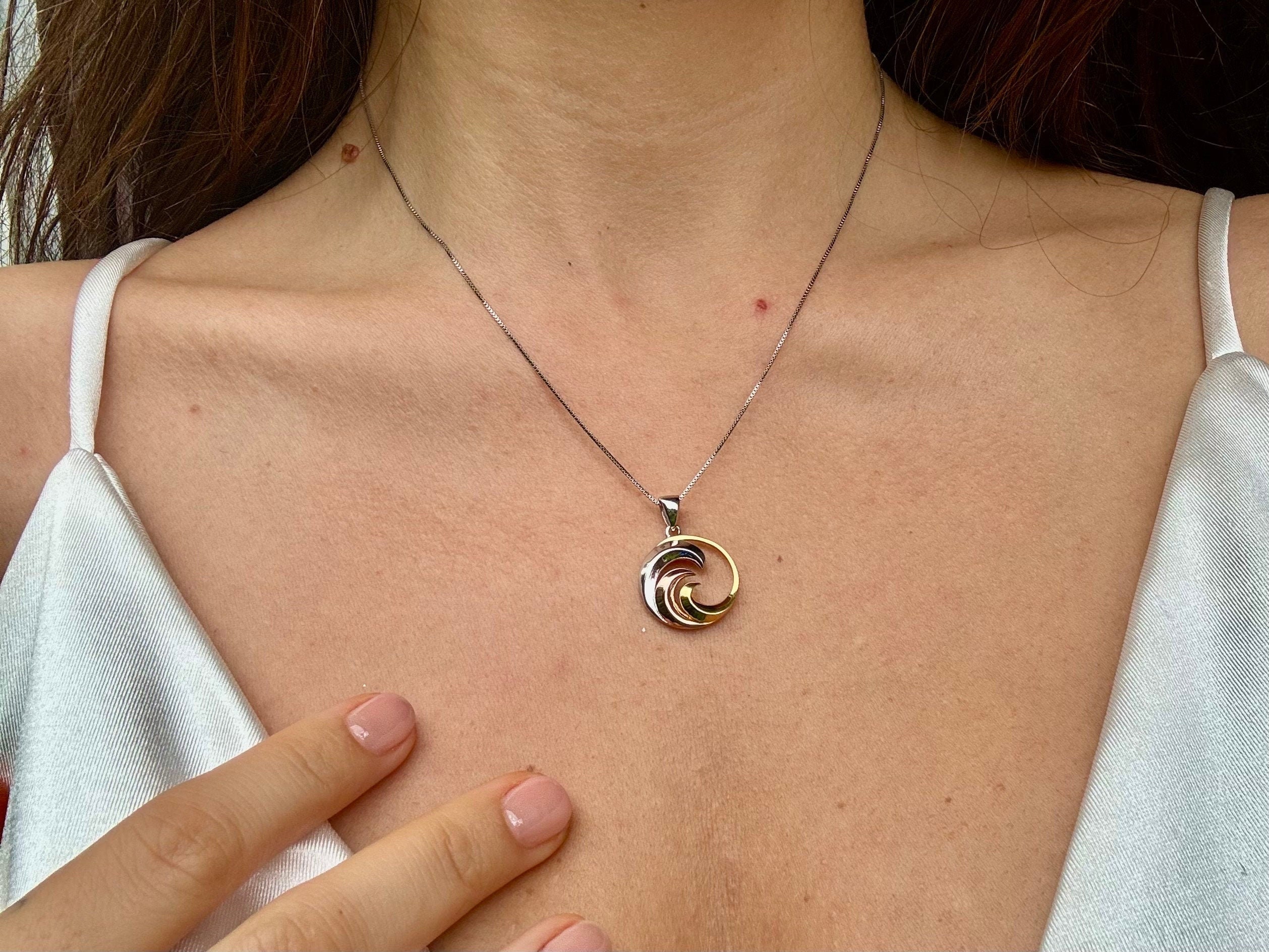 Hawaiian Wave Necklace 925 Sterling Silver 3 Color Rhodium 14k Gold Plated chain Cute Gift for Wife Flower Mom Girlfriend Surf surfer ocean