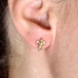 14K Solid Gold Guardian Angel Stud Earrings Loving Angel Earrings Gold Earring Valentines Gift for her Birtday Gift for Mom Protective Studs