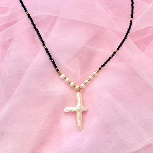 Cross Pearl Necklace December Birth Stone Necklace Freshwater White Pearl Lapis Lazuli Necklace Adjustable Tarnish Free Gift For Her