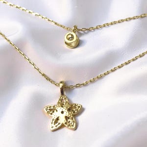 May include: A gold-toned layered necklace featuring two delicate chains. The upper chain holds a small circular charm, while the lower chain features a five-pointed star pendant with a textured, perforated surface and a central clear stone.