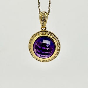 14K Gelbgold Amethyst Anhänger mit Diamanten | Lila Schmuck | Februar Geburtsstein | Geschenk für ihren Geburtstag, Jahrestag Goldkette