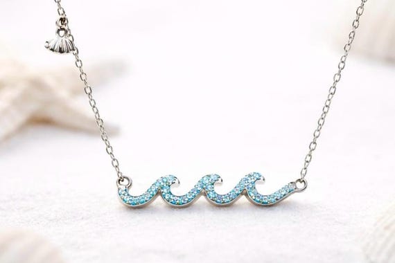 Blue Topaz Hawaiian Wave Necklace, 925 Sterling Silver- Waterproof Beach Jewelry