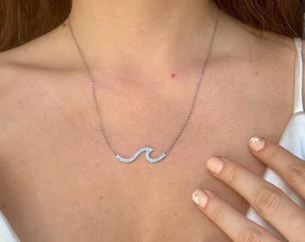 Hawaiian Blue Topaz Wave Necklace 925 Sterling Silver Tarnish Free Birthday Gift For Her Dainty Necklace for Mom Oceanlovers Gift