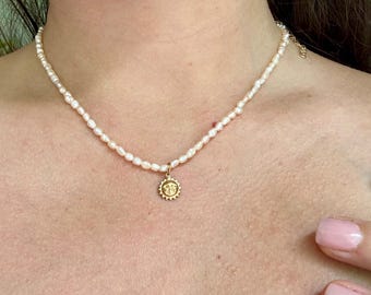 Gold Sun Necklace Genuine Freshwater White Pearl Necklace Leo Gift for Girlfriend Celestial Gold Filled Tarnish Free Dainty Gift For Her