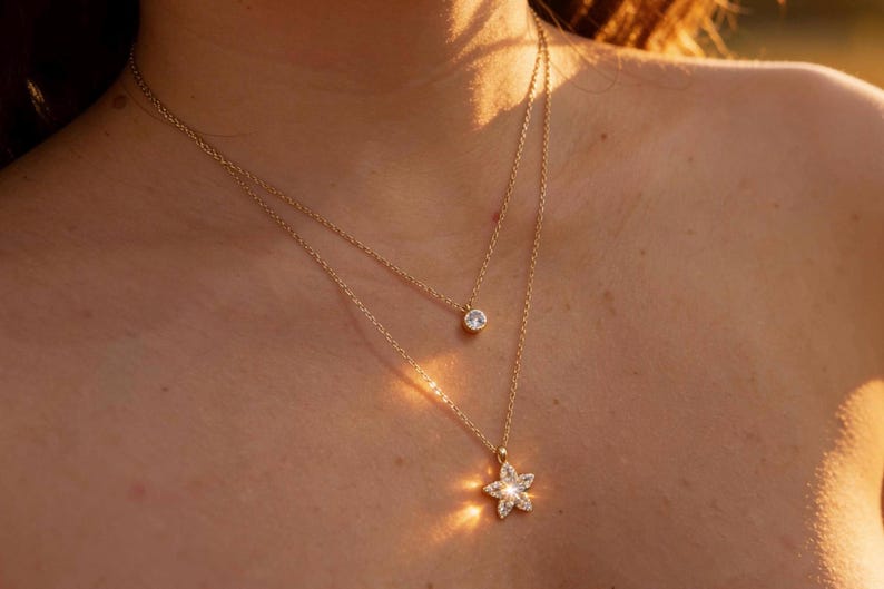 Double Layer Necklace 14K Gold Plated Plumeria Flower Pendant, Stacking Necklace, Minimalist Jewelry image 5
