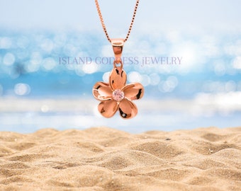 925 Sterling Silver 14k Rose Gold Plated Hawaiian Plumeria Necklace chain Cute Gift for Wife Flower Romantic Mom Girlfriend Stone Sparkly CZ