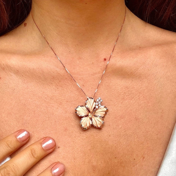 Hawaiian Hibiscus Flower elegant Necklace 925 Sterling Silver 14K Rose Plated CZ stone with chain Cute Gift for Mom Mother Wife Girlfriend