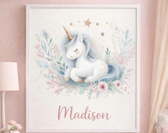 Impresión digital de acuarela de unicornio bebé durmiendo / Decoración infantil Archivo JPG