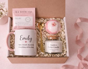 Caja de regalo personalizada para el autocuidado / Taza, vela, bomba de baño o té personalizados