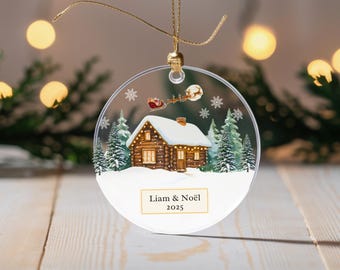 Adorno navideño personalizado de cabaña de troncos