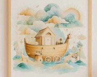 Lámina infantil del Arca de Noé: animales en tonos pastel, cielo arcoíris (descarga digital)