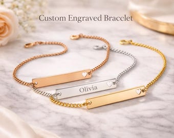 Pulsera ajustable con barra recortada y corazón grabado, oro de 18 quilates o oro rosa