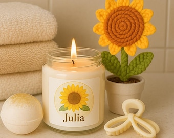 Set de regalo personalizado "Hug-In-A-Box" / Caja de autocuidado con vela y girasol de crochet