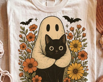 Cute Halloween Ghost and Cat Png Svg, Black Cat Png, Vintage Floral Halloween Design, Retro Autumn Spooky Png, Cute Ghost Black Cat Png