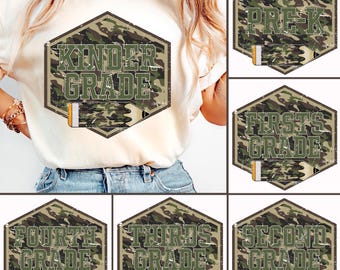 Retro Back to School Boys Old Camo PNG Bundle, Erster Schultag Png, Camo Pre-K bis Dritte Klasse Png, Lehrer Schuljunge