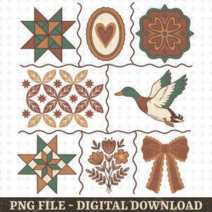 May include: A digital download graphic with various vintage illustrations. The design includes a starburst, an oval with a heart, a floral pattern, a duck in flight, a bouquet, and a bow. The color palette consists of brown, green, and beige.