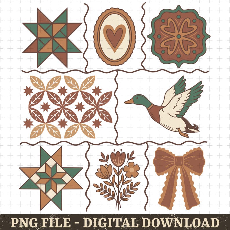 May include: A digital download graphic with various vintage illustrations. The design includes a starburst, an oval with a heart, a floral pattern, a duck in flight, a bouquet, and a bow. The color palette consists of brown, green, and beige.