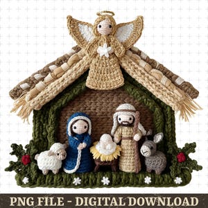 Op de afbeelding: Een gehaakte kerststal met een engel, Maria, Jozef, het kindje Jezus, een lam en een ezel. De scène staat onder een dak met textuur met een groene basis en decoratieve elementen. De tekst "PNG FILE - DIGITAL DOWNLOAD" staat onderaan.