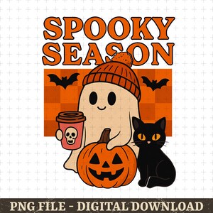 Coquette Halloween Shirt Png, Cute Ghost with Pumpkin and Black Cat, Retro Halloween Spooky Coquette Png, Halloween Girl Png