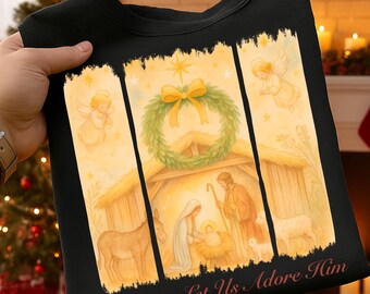 Christliche Krippe Png, Kokette Hand gezeichnete Krippe PNG, größte Geschenk aller Weihnachten, oh komm lasst uns ihn verehren Design Png