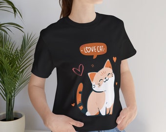 Adorable camiseta gráfica Love Cat, camisa de algodón suave para entusiastas de los gatos, top con ilustración de gatito caprichoso, ropa casual para eventos de mascotas