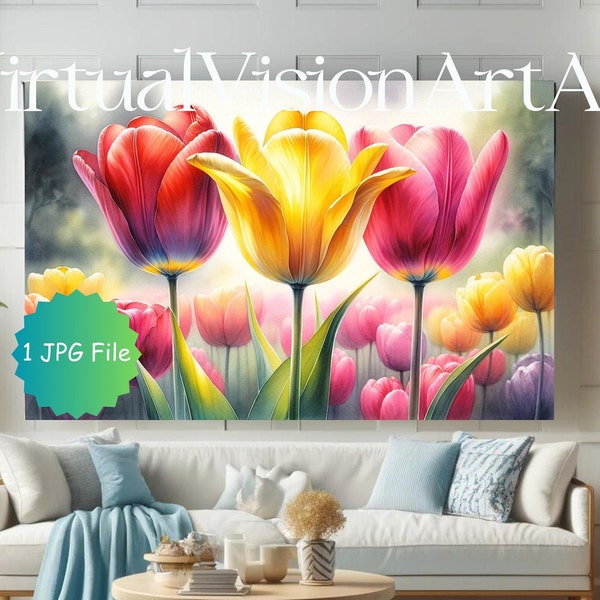 Watercolor Tulips Art for Samsung Frame TV - Instant Download, Versatile Flower Painting JPG, Elegant Home Decor, Floral Tulips Watercolor