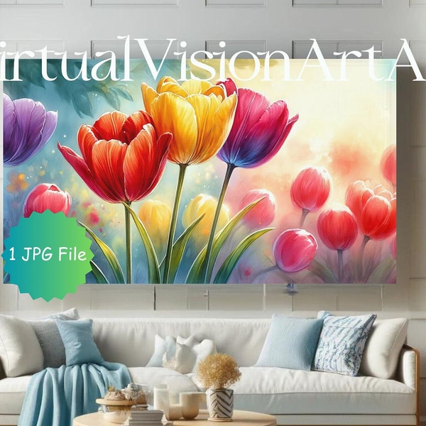 Watercolor Tulips Art for Samsung Frame TV - Instant Download, Versatile Flower Painting JPG, Elegant Home Decor, Floral Tulips Watercolor