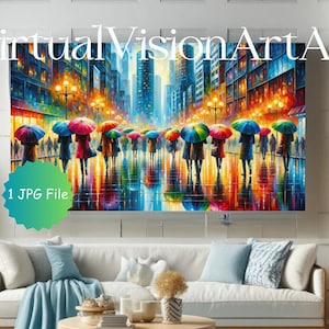 Colorido paraguas paisaje urbano arte para Samsung Frame TV - Descarga instantánea, pintura acrílica de la escena del día lluvioso, decoración urbana vibrante, arte lluvioso