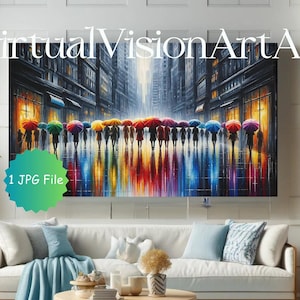 Colorido paraguas paisaje urbano arte para Samsung Frame TV - Descarga instantánea, pintura acrílica de la escena del día lluvioso, decoración urbana vibrante, arte lluvioso