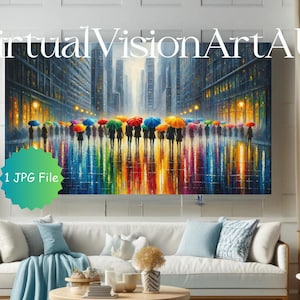 Colorido paraguas paisaje urbano arte para Samsung Frame TV - Descarga instantánea, pintura acrílica de la escena del día lluvioso, decoración urbana vibrante, arte lluvioso